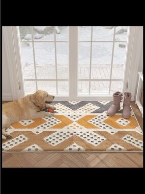 (51) New 24x36 Geometric Pattern Accent Rug in Mustard, Brown & Gray